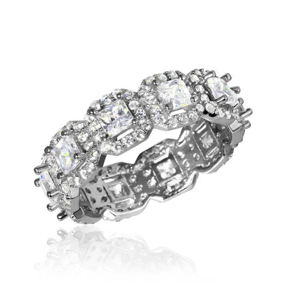 925 Sterling Silver Rhodium Plated Eternity Band with Micro Pave Square and Round CZ