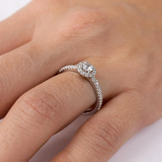 925 Sterling Silver Rhodium Plated Moissanite or CZ Small Size Halo Ring