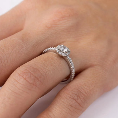925 Sterling Silver Rhodium Plated Moissanite or CZ Small Size Halo Ring