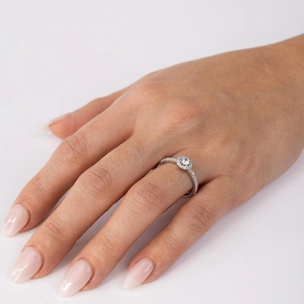 925 Sterling Silver Rhodium Plated Moissanite or CZ Small Size Halo Ring