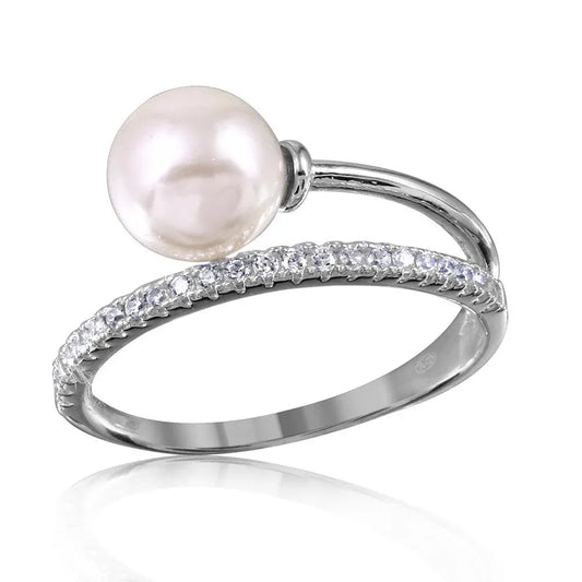 925 Sterling Silver Rhodium Plated Overlap CZ and Synthetic Pearl Ring