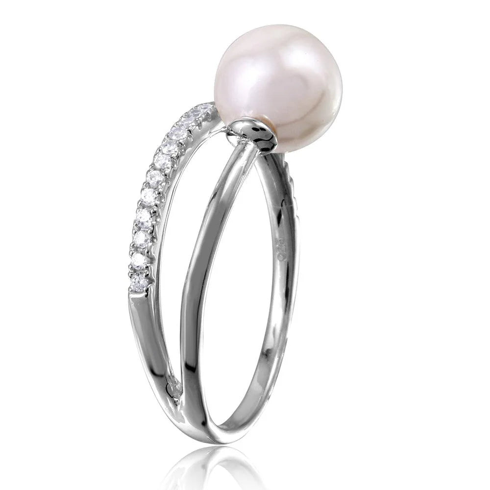 925 Sterling Silver Rhodium Plated Overlap CZ and Synthetic Pearl Ring
