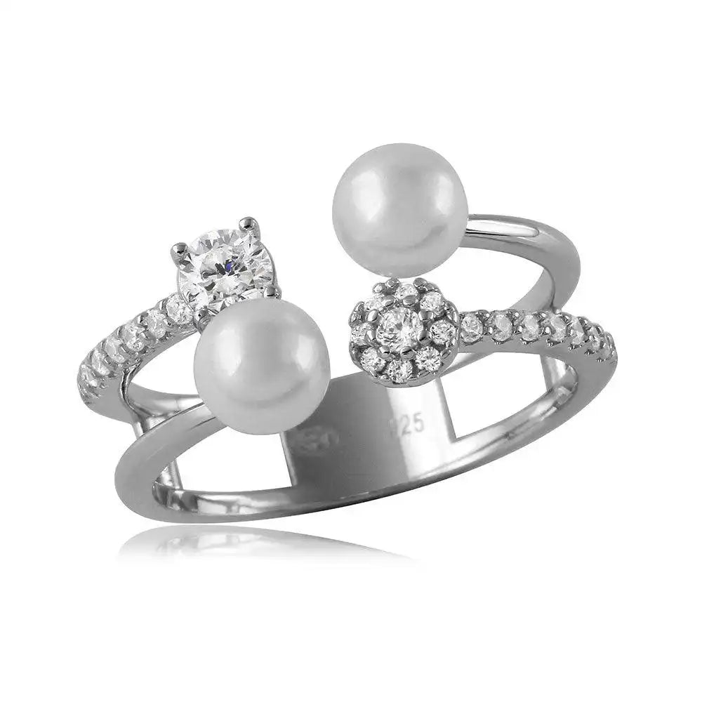 925 Sterling Silver Rhodium Plated 2 Row CZ and Synthetic Pearl Ring