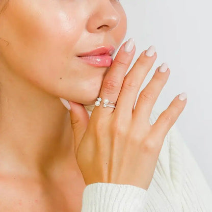925 Sterling Silver Rhodium Plated 2 Row CZ and Synthetic Pearl Ring