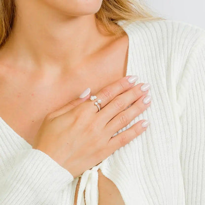 925 Sterling Silver Rhodium Plated 2 Row CZ and Synthetic Pearl Ring