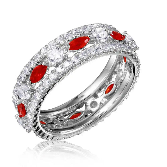 925 Sterling Silver Rhodium Plated Band Encrusted with Clear and Red CZ Stones