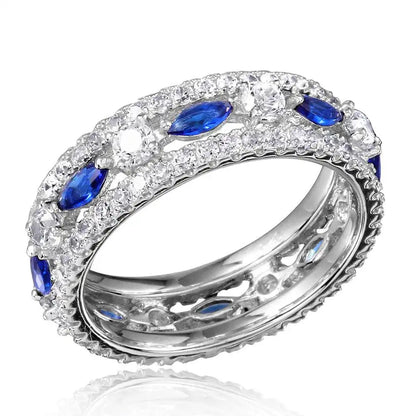 925 Sterling Silver Rhodium Plated Band Encrusted with Clear and Blue CZ Stones