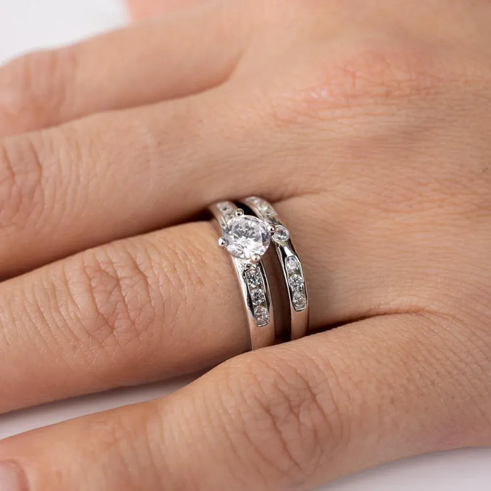 925 Sterling Silver Rhodium Plated Round Pave Center Set Bridal Ring