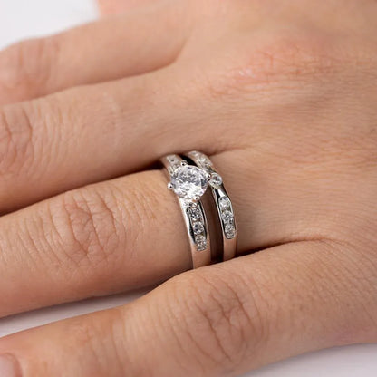 925 Sterling Silver Rhodium Plated Round Pave Center Set Bridal Ring