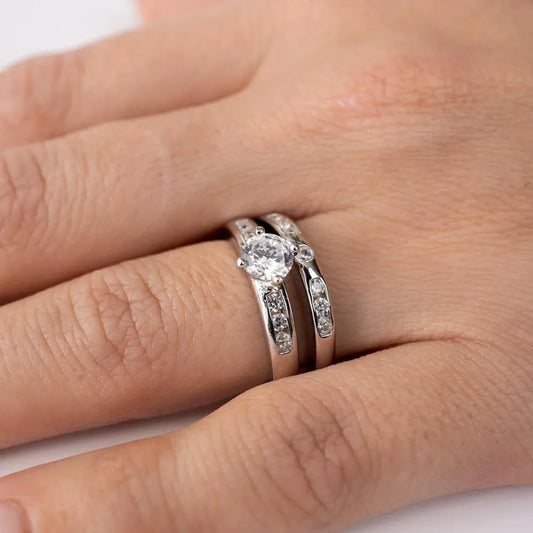 925 Sterling Silver Rhodium Plated Round Pave Center Set Bridal Ring