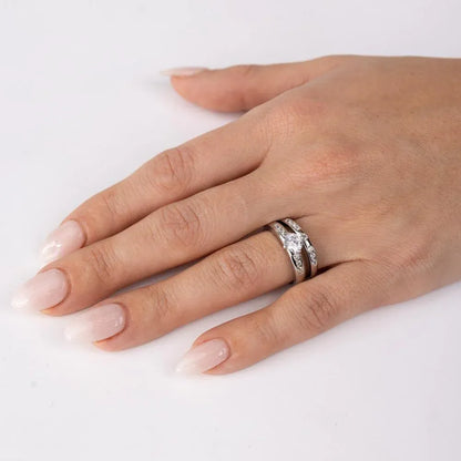 925 Sterling Silver Rhodium Plated Round Pave Center Set Bridal Ring