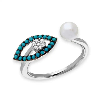 925 Sterling Silver Black Rhodium and Rhodium Plated Turquoise Evil Eye and CZ with Fresh Water Pearl Ring
