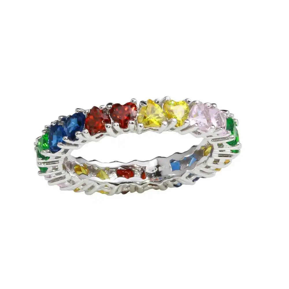 925 Sterling Silver Rhodium Plated Multi-Colored Heart CZ Stone Rings