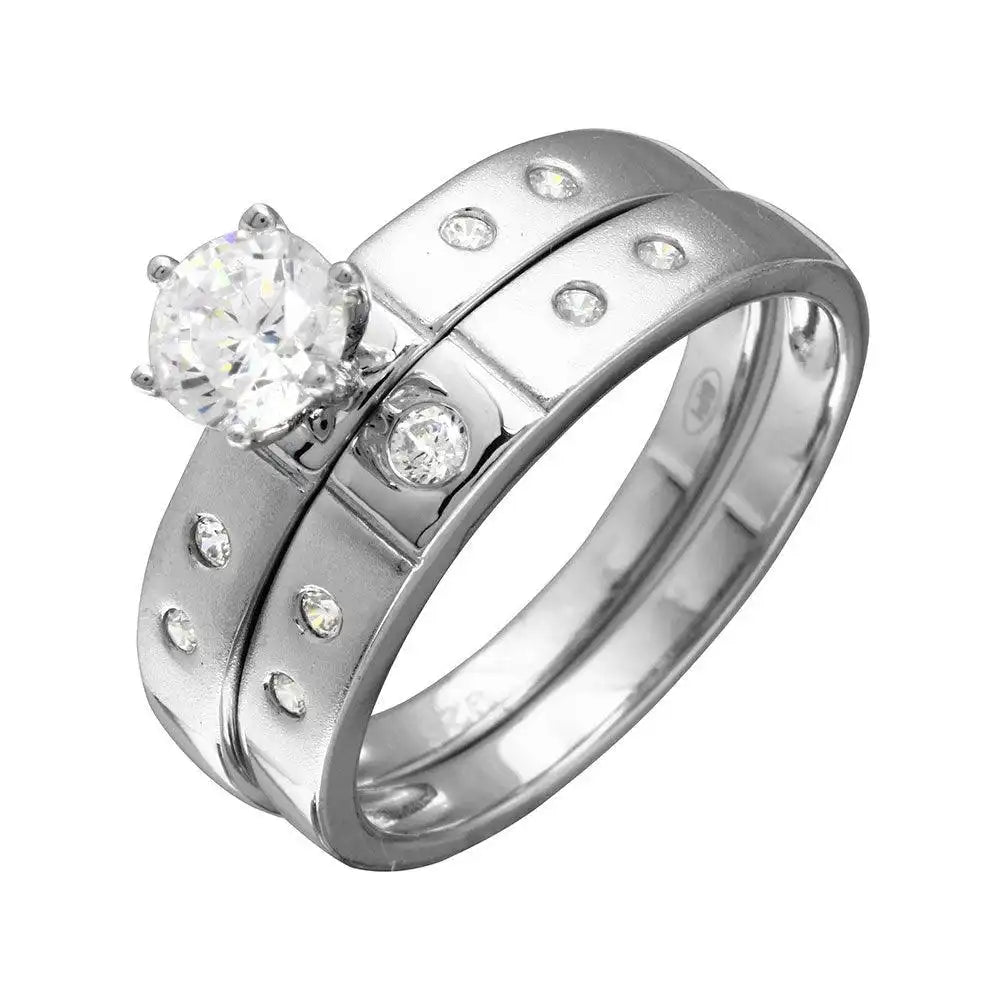 925 Sterling Silver Half Matte Finish Rhodium Plated CZ Trio Bridal Ring
