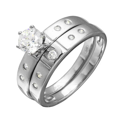 925 Sterling Silver Half Matte Finish Rhodium Plated CZ Trio Bridal Ring