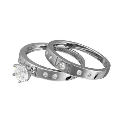 925 Sterling Silver Half Matte Finish Rhodium Plated CZ Trio Bridal Ring