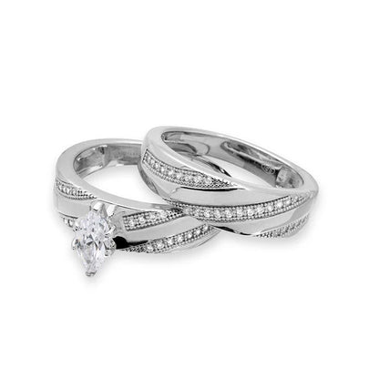 925 Sterling Silver Rhodium Plated Marquise Center Trio Bridal Ring