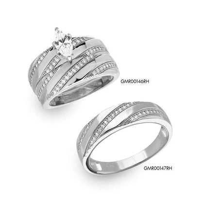 925 Sterling Silver Rhodium Plated Marquise Center Trio Bridal Ring