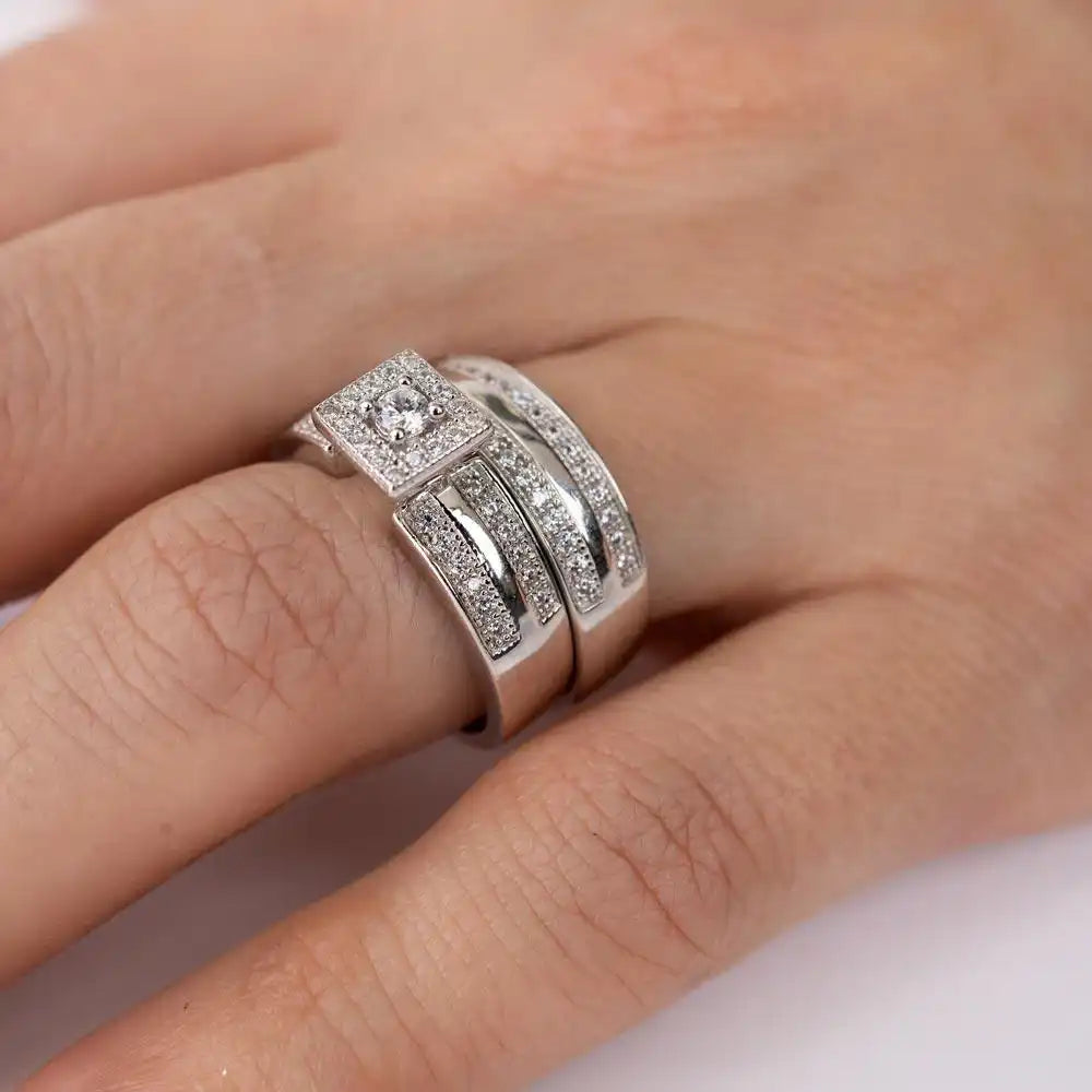 925 Sterling Silver Rhodium Plated Round Square Center Trio Bridal Ring