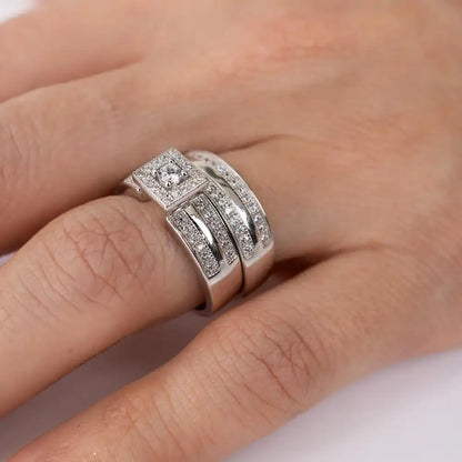 925 Sterling Silver Rhodium Plated Round Square Center Trio Bridal Ring