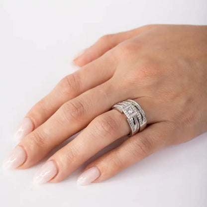 925 Sterling Silver Rhodium Plated Round Square Center Trio Bridal Ring