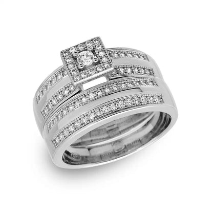 925 Sterling Silver Rhodium Plated Round Square Center Trio Bridal Ring