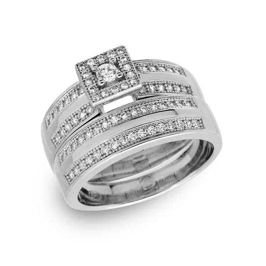 925 Sterling Silver Rhodium Plated Round Square Center Trio Bridal Ring
