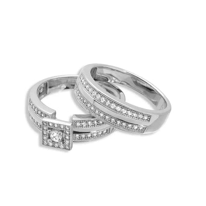 925 Sterling Silver Rhodium Plated Round Square Center Trio Bridal Ring