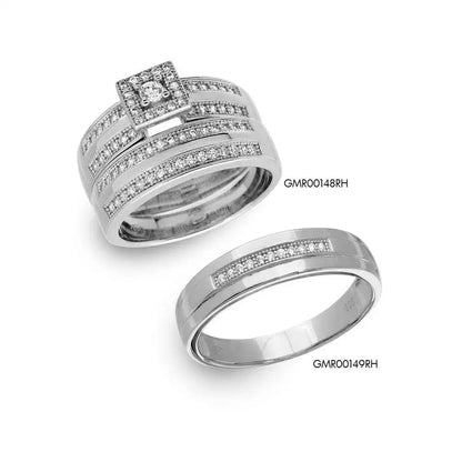 925 Sterling Silver Rhodium Plated Round Square Center Trio Bridal Ring