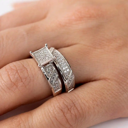 925 Sterling Silver Rhodium Plated Square Pave Center Trio Bridal Ring