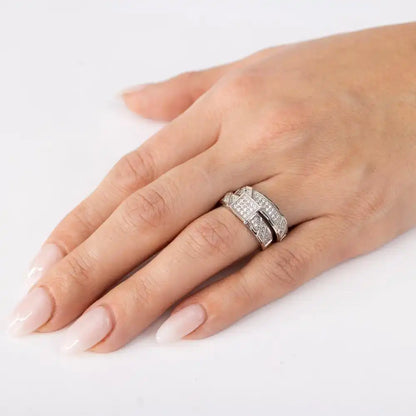 925 Sterling Silver Rhodium Plated Square Pave Center Trio Bridal Ring