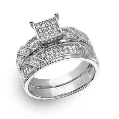 925 Sterling Silver Rhodium Plated Square Pave Center Trio Bridal Ring