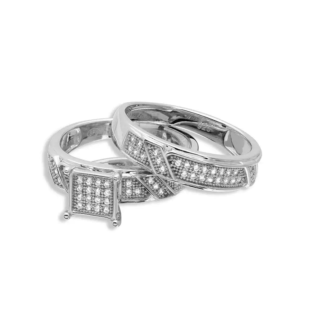 925 Sterling Silver Rhodium Plated Square Pave Center Trio Bridal Ring