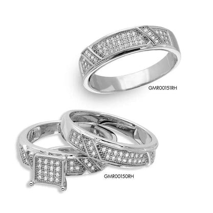 925 Sterling Silver Rhodium Plated Square Pave Center Trio Bridal Ring