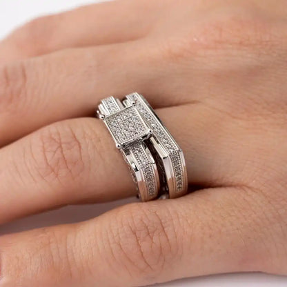 925 Sterling Silver Rhodium Plated Two Piece Clear CZ Square Bar Accent Ring
