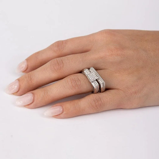 925 Sterling Silver Rhodium Plated Wave CZ Band Square Center Micro Pave Stones Wedding Ring