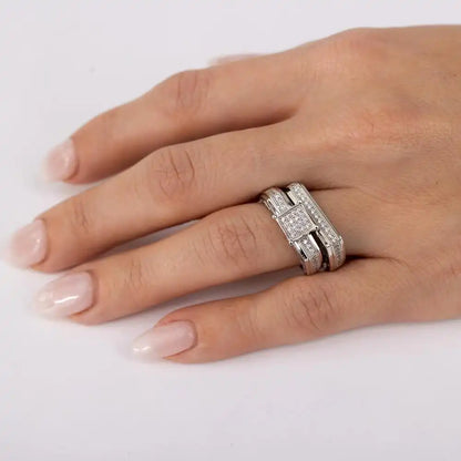 925 Sterling Silver Rhodium Plated Two Piece Clear CZ Square Bar Accent Ring