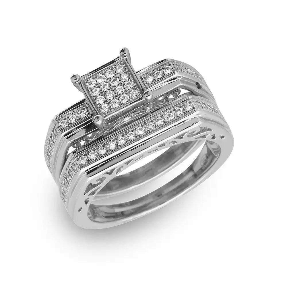 925 Sterling Silver Rhodium Plated Two Piece Clear CZ Square Bar Accent Ring