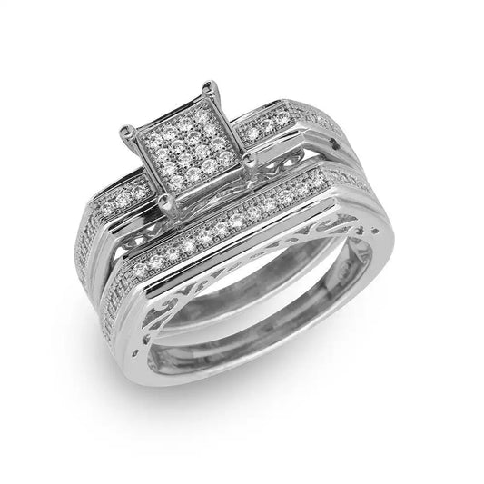 925 Sterling Silver Rhodium Plated Two Piece Clear CZ Square Bar Accent Ring