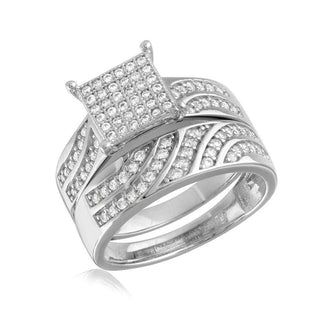 925 Sterling Silver Rhodium Plated Wave CZ Band Square Center Micro Pave Stones Wedding Ring