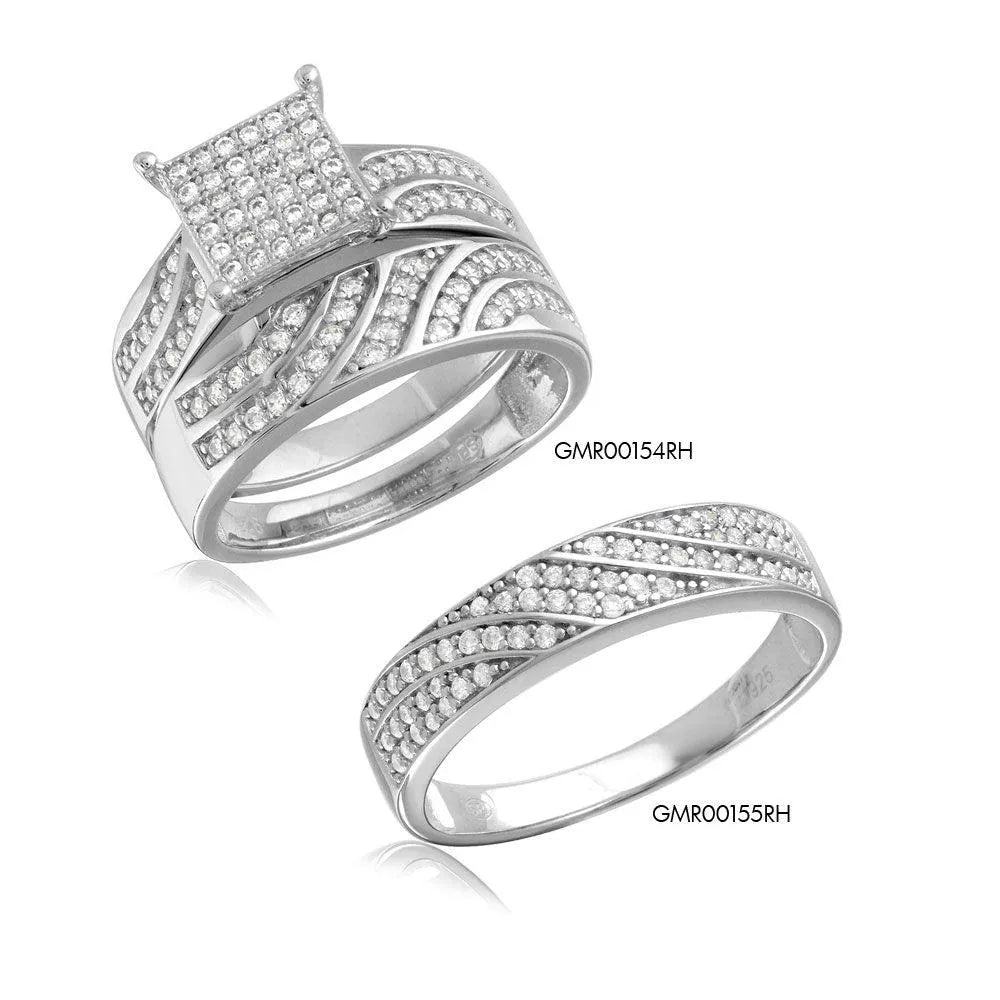 925 Sterling Silver Rhodium Plated Wave CZ Band Square Center Micro Pave Stones Wedding Ring