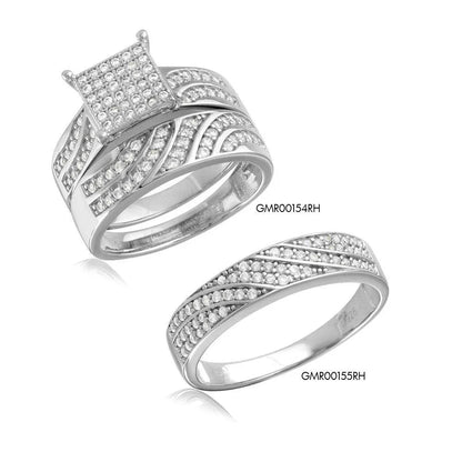 925 Sterling Silver Rhodium Plated Wave CZ Band Square Center Micro Pave Stones Wedding Ring