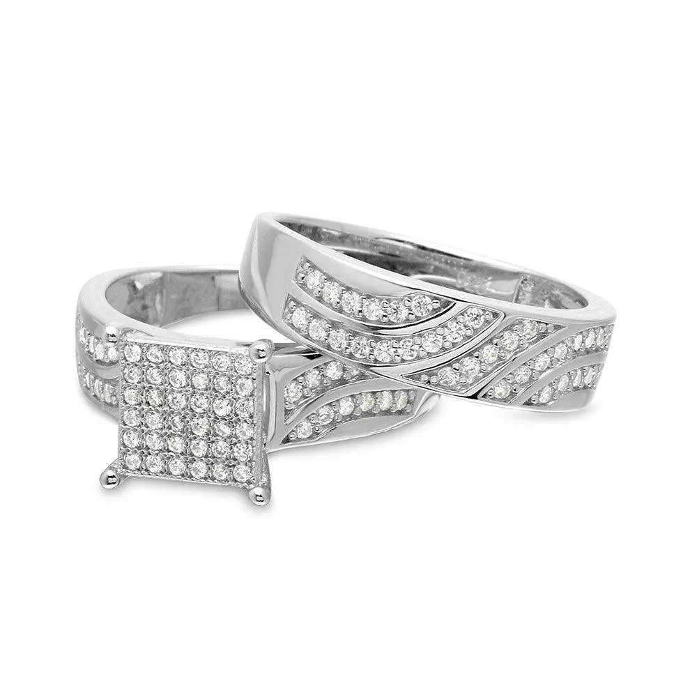 925 Sterling Silver Rhodium Plated Wave CZ Band Square Center Micro Pave Stones Wedding Ring