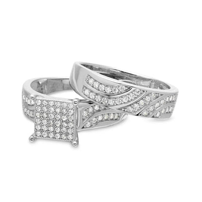 925 Sterling Silver Rhodium Plated Wave CZ Band Square Center Micro Pave Stones Wedding Ring