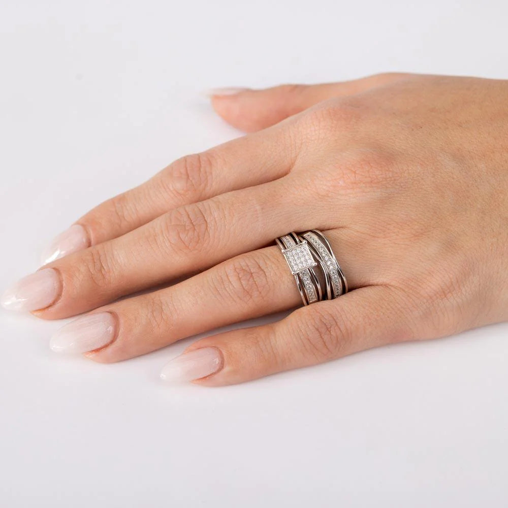925 Sterling Silver Rhodium Plated Square Center Trio Bridal Ring