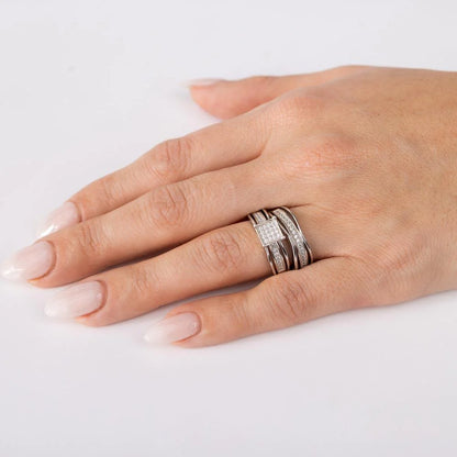 925 Sterling Silver Rhodium Plated Square Center Trio Bridal Ring