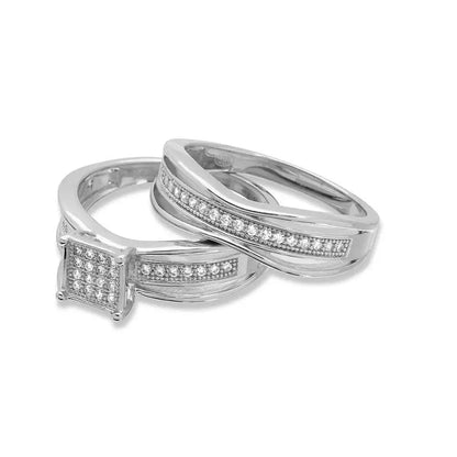 925 Sterling Silver Rhodium Plated Square Center Trio Bridal Ring