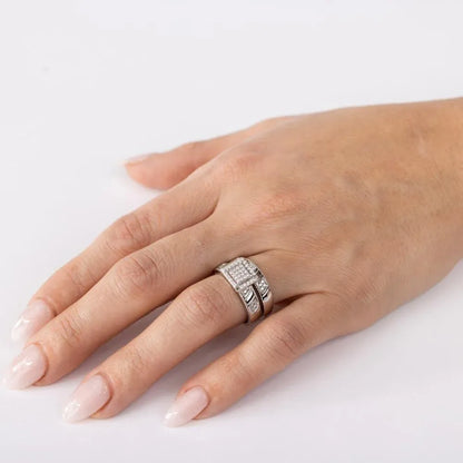 925 Sterling Silver Rhodium Plated Square Pave Center Trio Bridal Ring