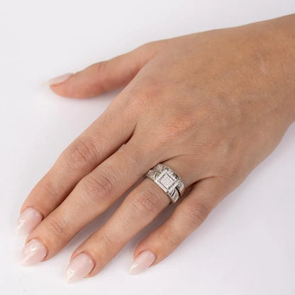 925 Sterling Silver Rhodium Plated Square Pave Center Trio Bridal Ring