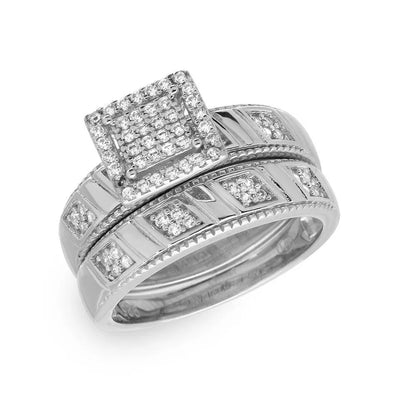 925 Sterling Silver Rhodium Plated Square Pave Center Trio Bridal Ring